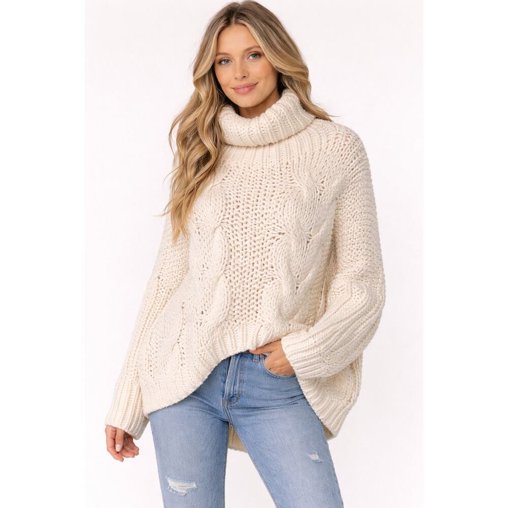 POL Chunky Cable Knit Turtleneck Sweater – Cream Oversized Boho Cottagecore